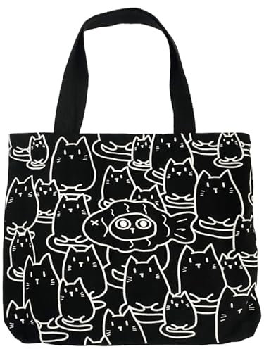 GIEEU Lustige süße Katzen-Canvas-Tragetasche für Damen, wiederverwendbare Baumwoll-Leinen-Tragetasche mit Reißverschluss, perfekt für Schule, Shopping, Arbeit., Schwarz , 40*35CM