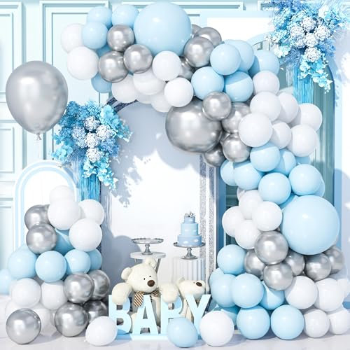 Teselife 137Pezzi Kit Arco Palloncini Blu Argento Bianco, Kit Ghirlanda Palloncini Blu Pastello Metallizzato Argento Bianco per Compleanno Baby Shower Matrimonio Anniversario Feste Carnevale Forniture