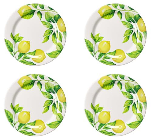 MEYREMUI Melamine Unbreakable Lemon Plates Set, 9 Dinner Plates Salad Dessert Plates, Set of 4, Break Resistant, Lightweight, Dinnerware for Indoors and Outdoors, Dishes for Party Camping, Multicolor
