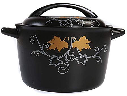 Cacerola de cerámica con patrón de hojas, olla redonda de barro negro, olla de barro, utensilios de cocina saludables de cerámica con tapa, utensilios de cocina saludables resistentes al calor negro