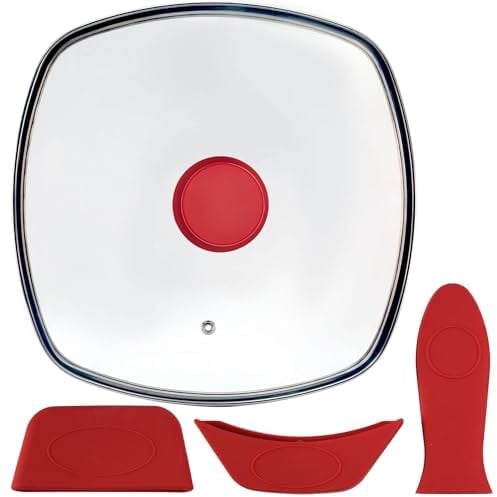 IFITTING 10.5 Inch Vented Square Glass Lid with Silicone Knob for Grill Pan | Specifically designed for Lodge L8SQ3 skillet and L8SGP3 grill pan, featuring a handy silicone potholder and heat protection.