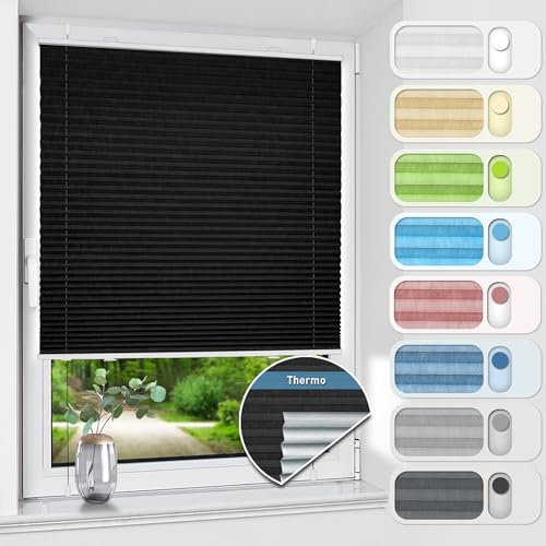 HOMEDEMO Plissee ohne Bohren verdunkelung, Thermo Plisseerollo Klemmfix, Schwarz 95x120cm(BxH) Verdunklungsplissee 100% lichtundurchlässig für Fenster, Blickdicht Sichtschutz Sonnenschutz