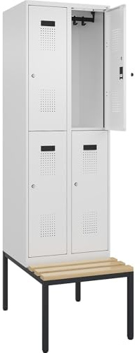 kaiserkraft | Doppelstock-Spind Evolo Plus Sitzbank | 2 Abteile | weiß | B 600 mm | Zylinderschloss | mit untergebauter Sitzbank | Buche