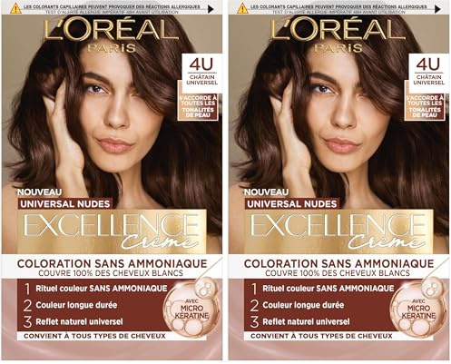 L’ORÉAL PARIS - Coloration Cheveux Permanente - Longue Durée - Résultat Naturel & Lumineux - Couvre 100% des Cheveux Blancs - Excellence Crème Universal Nudes - Nuance : Châtain Universel (4U)