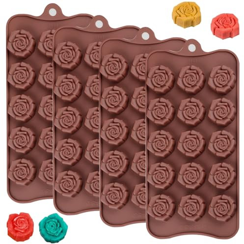 YXHZVON Schokoladenform Silikon, 4 Stück Pralinenform Rose, Valentinstag Antihaft Schokoladenformen 15 Hohlräume für Schokolade Praline Süßigkeiten