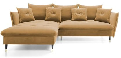 DomoHome Ecksofa Glam mit Schlaffunktion, Freistehend, Ottomane und Goldenen Füßen – Samtsofa im Glamour-Stil für Ihr Wohnzimmer, mit Zierkissen, 258x167x91cm, Linke Seite Platinum