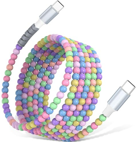AIAUXAI USB C to USB C Cable 2M Beaded Phone Charger 60W Fast Charging Cord | Cute Beaded Car Charger&Carplay Cord for iPhone 17 16 Pro Max 15/iPad Air 11 A16/Samsung S26 S25 S24/Pixel Women Girl,Macaron