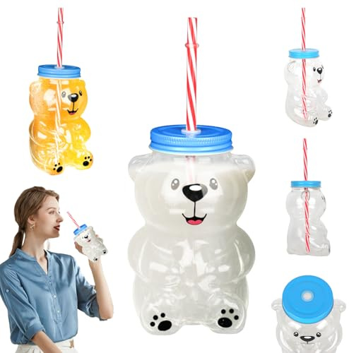 Hojalis Bear Cup, Bär Glas Becher, 550 ML Bären Glasbecher Mit Deckel Und Strohhalm, Bear Straw Cup Für Heiße Und Kalte Getränke, Robustes Glas, Bär Trinkbecher Für Kaffee Saft Milch Tee