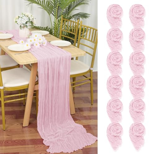 12 Stück Seihtuch-Tischläufer Rosa,55 x 300 cm Hell Rosa Rustikaler Gaze-Stoff Boho-Tischläufer Käsetuch Cheesecloth Tischläufer Hochzeit Tischdecke für Hochzeitsfeier Brautparty Tischdekoration