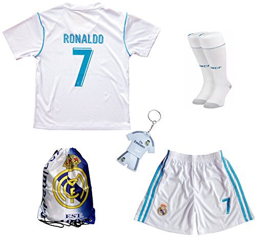 GamesDur - Primera equipación de fútbol del Real Madrid en 2017/2018 de Ronaldo 7, para niños, 9-10 Años, Blanco