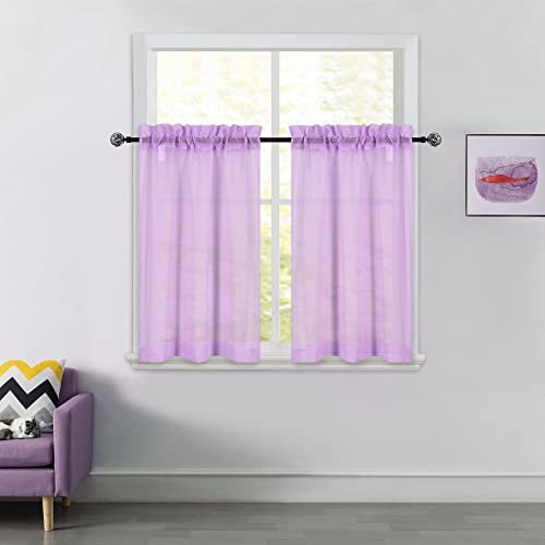 DUALIFE Tende da cucina corte e velate viola, lunghezza 91 cm, effetto lino, semitrasparenti, per bagno, cantina, piccole finestre, tende per la privacy, 86 x 91 cm, lilla