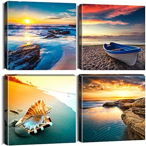 Artscope 4 Teilig Leinwandbilder mit Sonnenuntergang Küstenlandschaft Motiv Kunstdruck - Moderne Wandbild für Badezimmer Wohnzimmer Wanddekoration - 30 x 30 cm