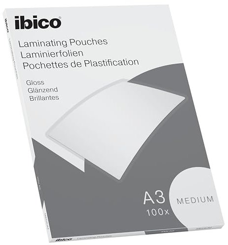 Ibico Basics Laminierfolien A3 Medium, 100 Stück, Glänzende Heißlaminierfolien, Abgerundete Ecken, Ideal für Zeichnungen und Plakate, Transparent, Kristallklar, 627312