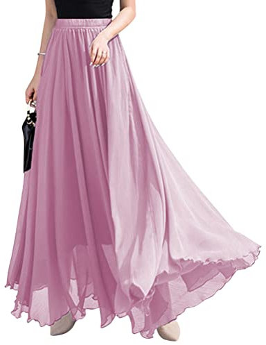 ORANDESIGNE Jupe Femme Longue Plissée en Mousseline de Soie Chic et Elegant Trapèze Taille Haute Tulle Jupe Fluide Taille Élastique Décontracté Maxi Jupe Soirée Skirt Rose M