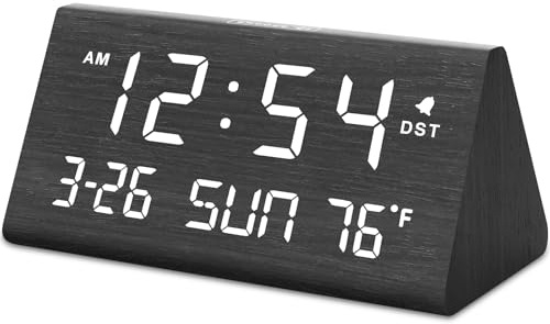 DreamSky Digital Alarm Clocks for Bedrooms - Wooden Desk Clock with Date, Day of Week, USB Port, Temperature, Dimmer for Bedside Table, Living Room, Office, Adjustable Volume, Auto DST, Wood Decor