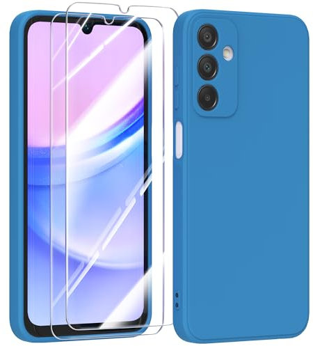 MIKULLE Cover in Silicone per Samsung Galaxy A15 4G / 5G con 2 Pellicola Vetro Temperato, Custodia Morbido Silicone Ultra Sottile Liquida TPU Antiurto AntiGraffio Case - Blu