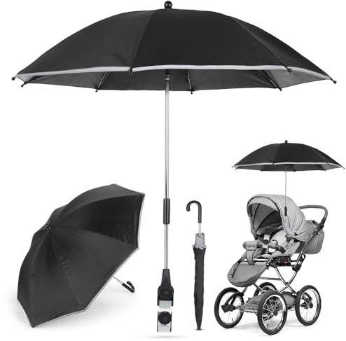 FENGQ Kinderwagen Regenschirm UV Schutz 50+ Universal Sonnenschirm Sonnenschutz Sonnenschirm Buggy mit Einem Regenschirmgriff&Klemme Clip On Sonnenschirm für Kinderwagen und Buggy(85CM, Schwarz)