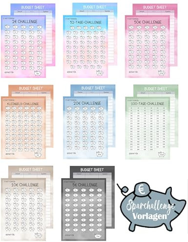 Sugeru 24pcs Budget Planner Deutsch-A6,Sparchallenge Budgetplaner,Budget Planner Zubehör,Spar Challenge mit 2€, 5€, 10€, 20€, 50€, Kleingeld, 52 TAGE, 100 TAGE,8 Farben Sparchallenges(Schweinchen)
