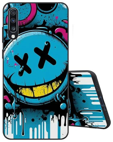 Sinyunron Handyhülle Kompatibel mit Samsung Galaxy A70 Hülle Silikon Matte Schwarz Rückseite mit Muster,Weiche Stoßfest Kratzfest Schlanke TPU Softschale Schutzhülle,Blaues Emoji