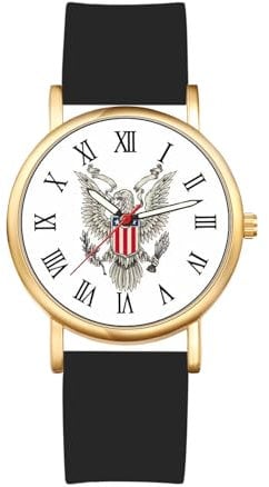 JewelryWe Damenuhr Silikon Uhr Damen: US Unabhängigkeitstag Adler Amerikanische Flagge Wappen Analog Quarz Armbanduhr Frauen Schwarz Gummi Armband Uhr mit römischen Ziffern Zifferblatt & Gold Gehäuse
