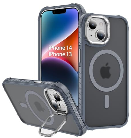 KETGII Magnetische Schutzhülle für iPhone 14 / iPhone 13, Grau mit MagSafe kabellosem Laden, militärischer Qualität, stoßfester Schutz, verstellbarer Ständer, schlank, matt