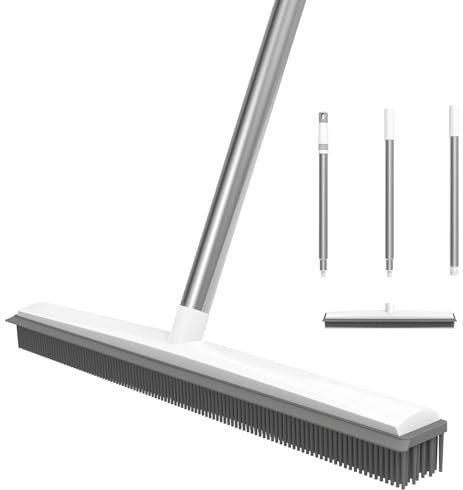 2 in 1 Rubber Broom with Built in Squeegee, Adjustable 120cm Stainless Steels Handle, Soft Push Broom for Pet Cat Dog Hair Removal Floor Brush for Carpet, Window, Tiles, Indoor Outdoor