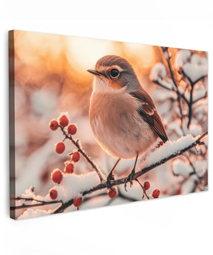 MuchoWow© Wandbilder Schlafzimmer Home Deko Wohnung Bild Wohnzimmer | 90x60 cm - Fotoleinwand Wand Bilder Leinwand Wall Decor Vogel - Zweig - Winter - Tiere - Schnee
