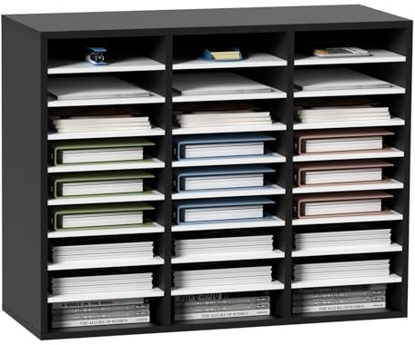 VEVOR 27 Compartments Wood Literature Organizer, Adjustable Shelves, Medium Density Fiberboard Mail Center, Office Home School Storage for Files, Documents, Papers, Magazines, Black+White