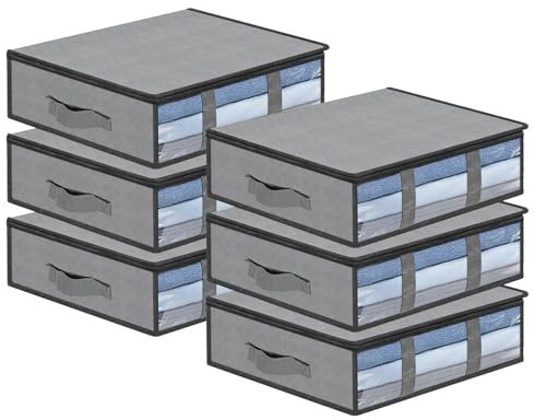 AiQInu Unterbett Aufbewahrungsbox,6 Stück Unterbettkommode mit Sichtfenster und 4 Haltegriffen 60x 45x 15 cm, Faltbare Unterbett-Aufbewahrungstasche Kleideraufbewahrung für Kleidung Decken Bettdecken