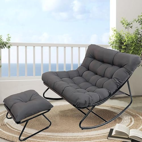AlpineAura Schaukelstuhl mit Hocker Outdoor Lesesessel Schaukelsessel Wohnzimmer Relaxstuhl mit Gepolsterter, Outdoor Patio Schaukelstühle aus Metall, für Garten, Hof, Terrasse (grau)