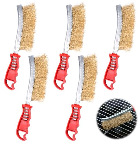 5 Stück Drahtbürste Grill, Messing Grillbürste 24x5cm Handdrahtbürste, Grillfürst Messingbürste mit Gebogenem Anti-Rutsch-Griff, Drahtbürste Messing zur Reinigung von Grill, Schweißschlacke, Rost, Öl