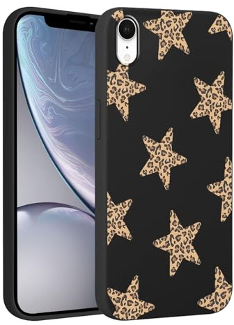 Phoona Black Leopard Star Print Phone Case for iPhone XR 6.1, with Cheetah Aesthetics Pattern Design Soft Silicone Cases, Shockproof Bumper Protector Camera Girls Women Cover, for iPhone XR