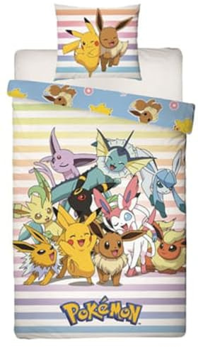 Pokémon Bettwäsche für Kinder, Gamer, für Einzelbett, Motiv Pikachu und Evoli, 2-teiliges Set, wendbarer Bettbezug 140 x 200 cm und Kissenbezug 63 x 63 cm, Textil, Öko-Tex-zertifiziert