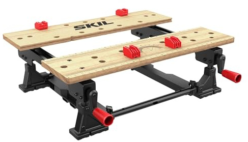 SKIL 1290 AA Werkbank (610x544x210 mm, kompakte Werkbank, flexibler Transport, Klemmbacken aus Bambus, Kurbeln zum Einspannen, integrierte V-Nuten, Handwerker, Werkzeug Zubehör) BT1E1290AA