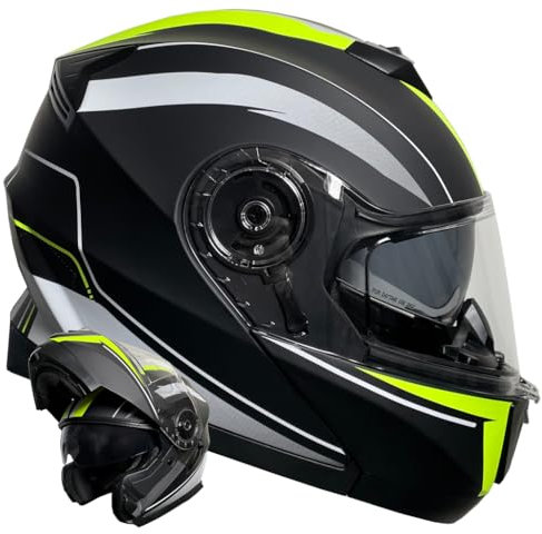 Klapphelm Integralhelm Helm Motorradhelm RALLOX 160 schwarz neon gelb grün matt mit Sonnenblende (S, M, L, XL) Größe S