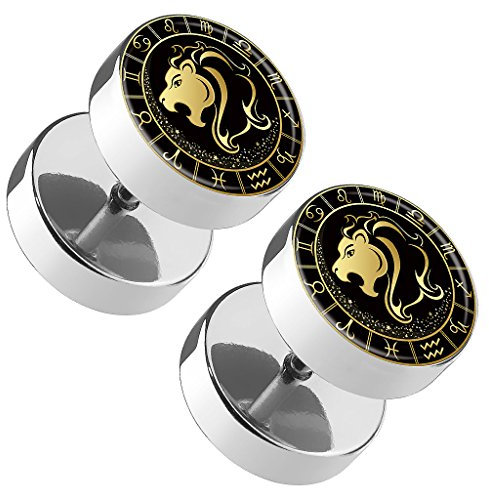 Piercingfaktor 1 Paar Fake Piercing Runde Ohrringe Ohrstecker Ohr Plug Flesh Tunnel mit Sternzeichen Motiv Tierkreiszeichen Löwe