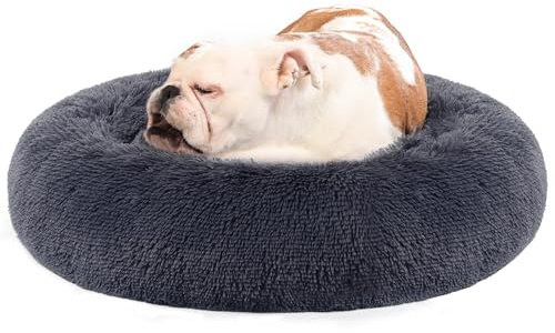 Feandrea Hundebett flauschig, Katzenbett, Donut Kissen, waschbar, Polsterung in der Mitte herausnehmbar, Langer Plüsch, 80 cm Durchmesser, dunkelgrau PGW040G02