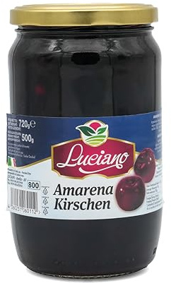 Luciano Amarena Kirschen 500g, entkernte Sauerkirschen im Glas, Maraschino Kirschen, Perfekt für Cocktails und Desserts