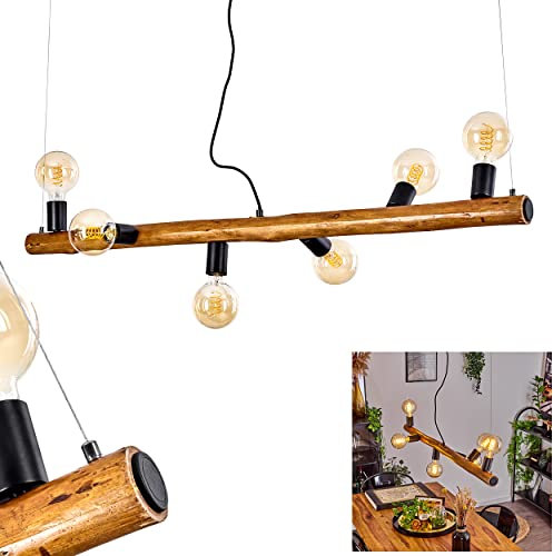 HOFSTEIN Pendelleuchte Beccar, moderne Hängelampe aus Metall/Holz in Schwarz/Natur, Hängeleuchte mit. Holzstab im skandinavischen Look, Höhe max. 123 cm, Länge 115 cm, 6-flammig, 6 x E27