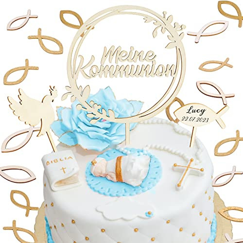 Dreamtop 3 Stück Cake Topper Konfirmation Tortendeko Cake Topper Kommunion Cake Topper Meine Konfirmation Taufe Cake Topper Firmung Holz 36 Pcs holzfische Streudeko für Junge Mädchen