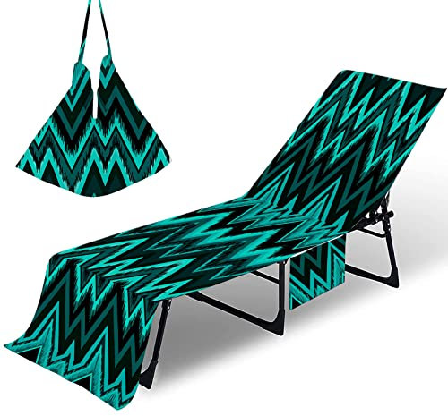FANSU Schonbezug Für Gartenliege Frottee Liegenauflage Liegestuhl Handtuch mit Taschen Bunter Zickzack Strandliegenauflage Weich Strandtuch für Reisen Schwimmen (75x210cm,Grüner Zickzack)