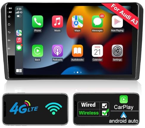 Android Autoradio CarPlay & Android Auto für Audi_A3 S3 RS3 2GB+32GB 9 Zoll QLED Bildschirm AM FM RDS Radio WiFi Bluetooth Autoradio mit Navi Bluetooth Freisprecheinrichtung