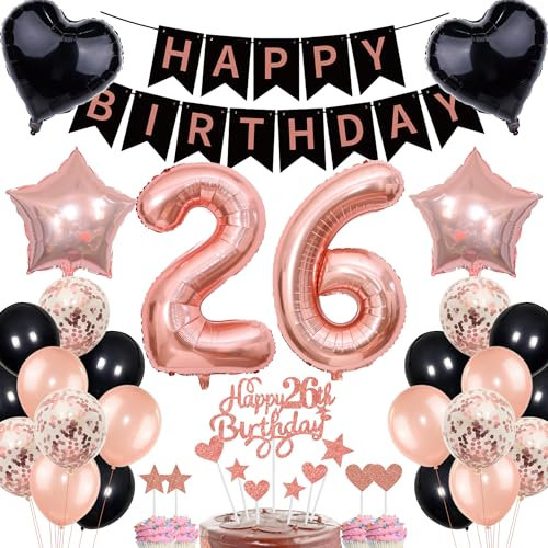 26th Birthday Decorations for Women - Rose Gold Black Cake Topper Set With Banner and Gift