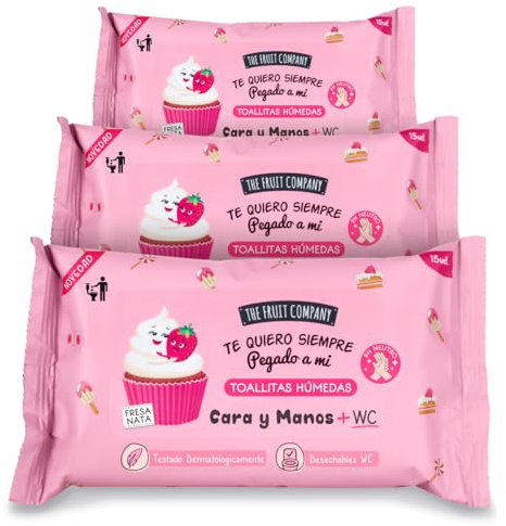 The Fruit Company - Toallitas Húmedas FRESA NATA Manos y Cara WC Formato Bolsillo Pack 3