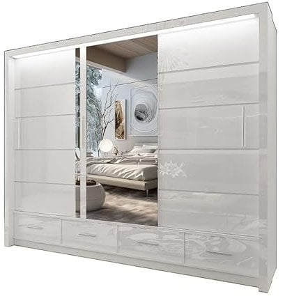 Style Heaven Modern High Gloss Sliding Door Wardrobe for Bedroom,3 Mirrored Sliding Doors wardrobes 5 Adjustable Shelves &2 Hanging Rail,made of MDF Chipboard,aluminium Handles Sycilia(255cm White)