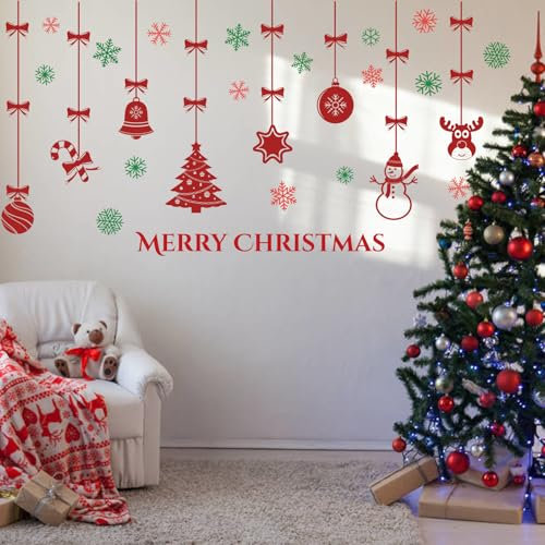 Adesivi da parete con scritta Merry Christmas, con albero di Natale rosso, fiocchi di neve, rimovibili, per camera da letto, asilo, aula dei bambini, decorazione per feste di Natale (rosso)