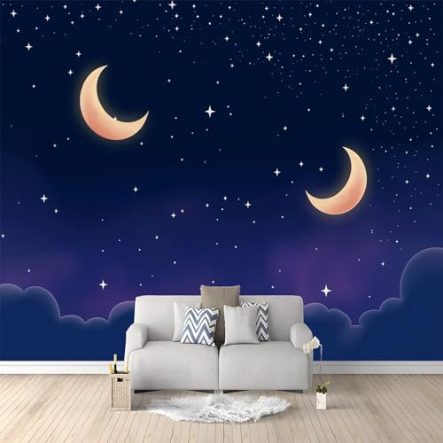 Photo Wallpaper Two Moons in The Night Sky Non-Woven Wall Art 200 x 140 cm Wallpaper Murals Living Room Bedroom TV Backdrop Decoration Wall Covering Blue and Purple