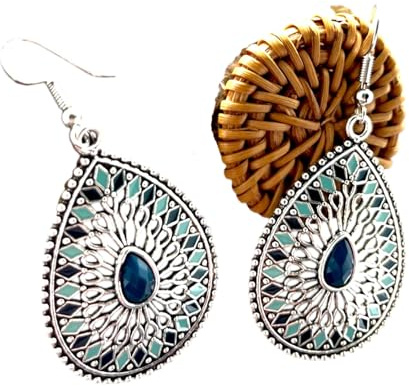 WORLD GOBLINS Pendientes Hippies Mujer de Colores Largos. Llamativos, Boho Vintage. Pendientes Plata Divertidos. Colores. Aretes Originales Hechos en España (GOTA AZUL MORADÍ)