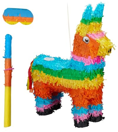 Relaxdays Pinata Esel, mit Stab & Maske, Partypinata Kinder, Geburtstag, zum Befüllen, HxBxT: 56 x 41 x 13 cm, bunt