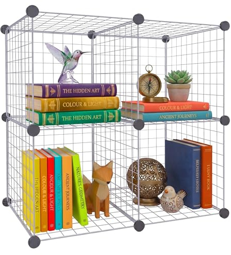 Relaxdays Steckregal, Würfelregal modular, Regalsystem, 4 Cubes, DIY, HBT: 75x37x75 cm, Drahtregal, Metall, Silber